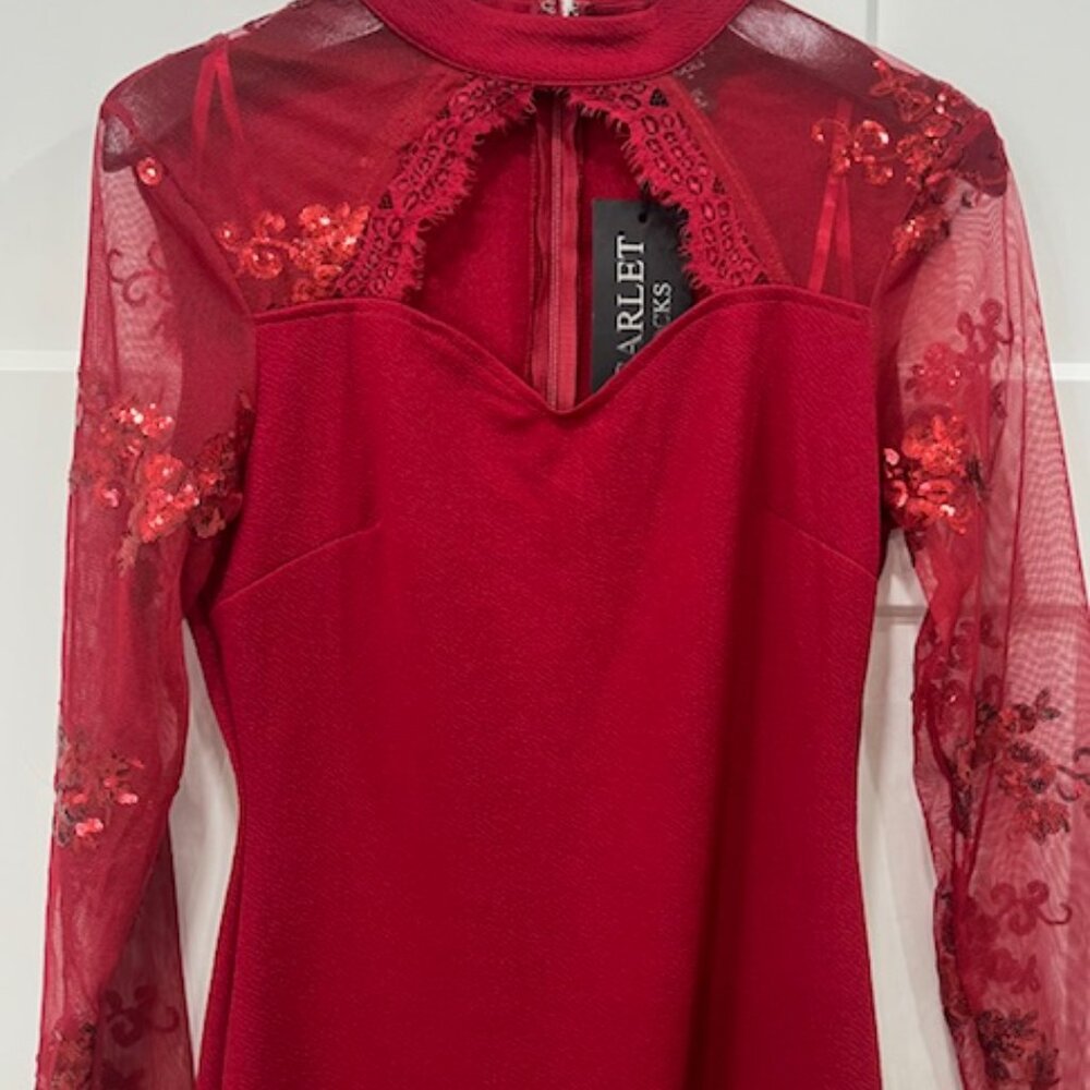 Red sequin arm short evening dress, size 10